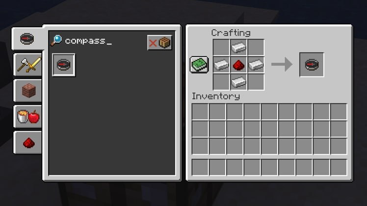 Minecraft crafting grid with four iron ingots around redstone making a compass