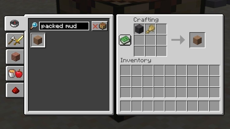 Minecraft crafting table with mud and wheat producing packed mud