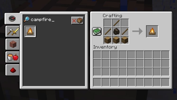 Minecraft crafting table with three logs, three sticks and coal making a campfire