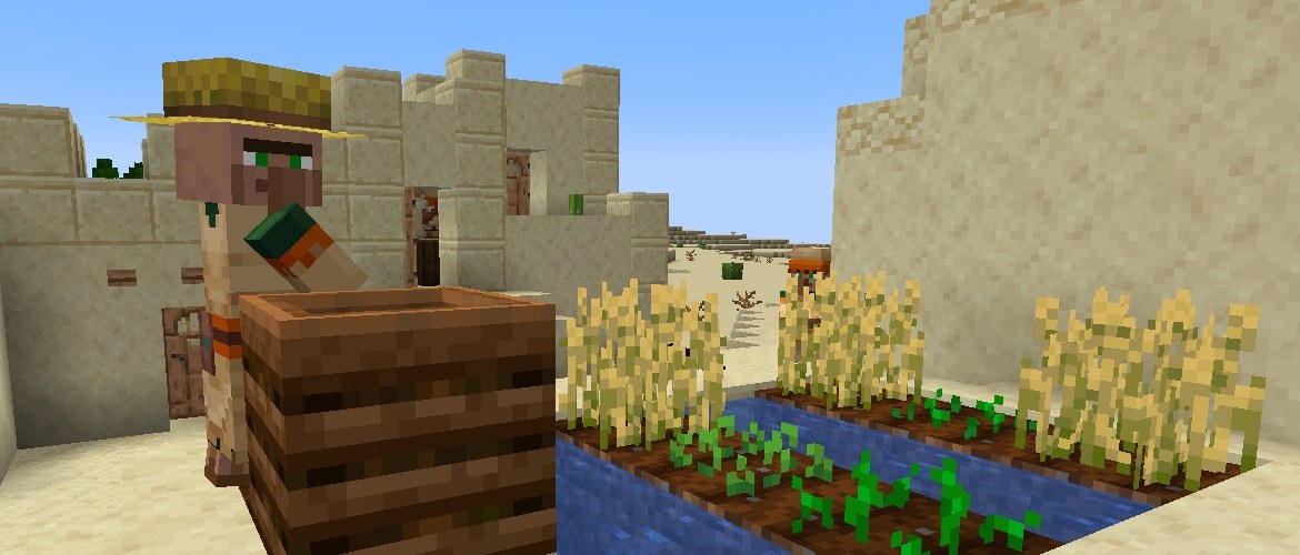 Minecraft farmer villager in a straw hat beside a composter and wheat
