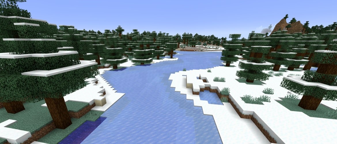 Minecraft frozen river winding through a snowy spruce forest