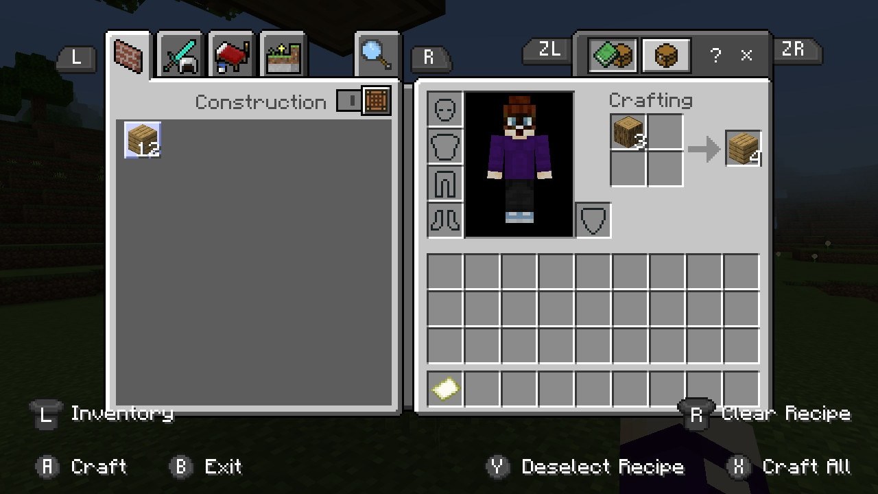 Minecraft inventory crafting grid turning one wood block into four planks
