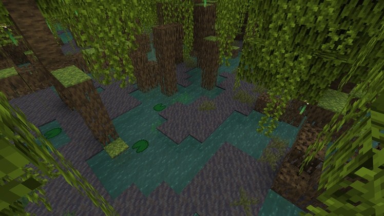 Minecraft mangrove swamp with dark mud patches between shallow water