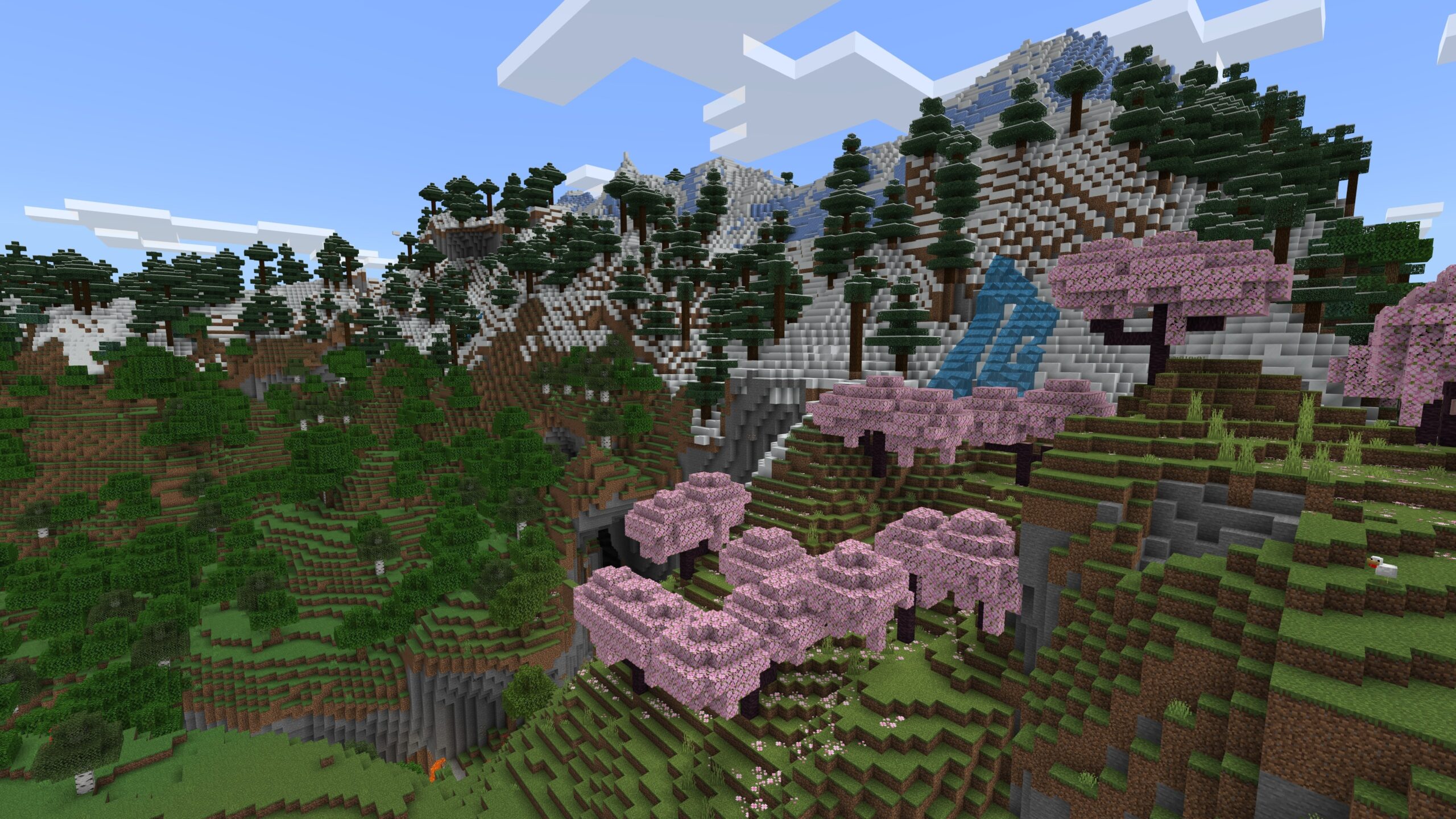 Minecraft mountains with exposed gray stone, spruce forests and cherry trees