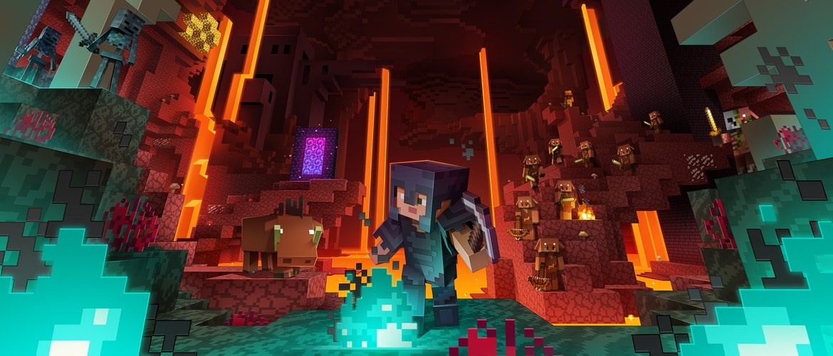 Minecraft player in netherite armor in the Nether near a purple portal