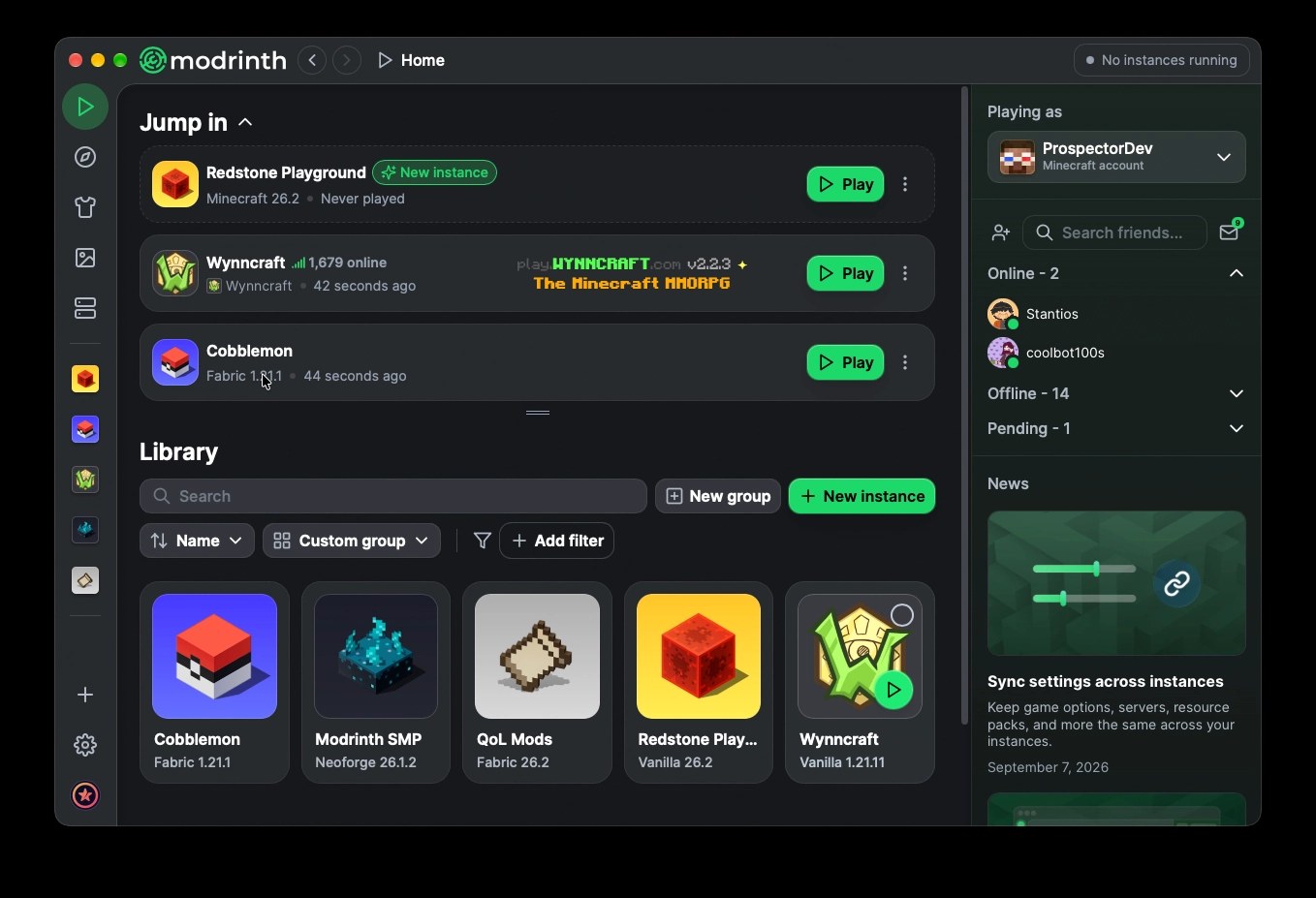 Modrinth App home screen with Jump in instances and a Library grid