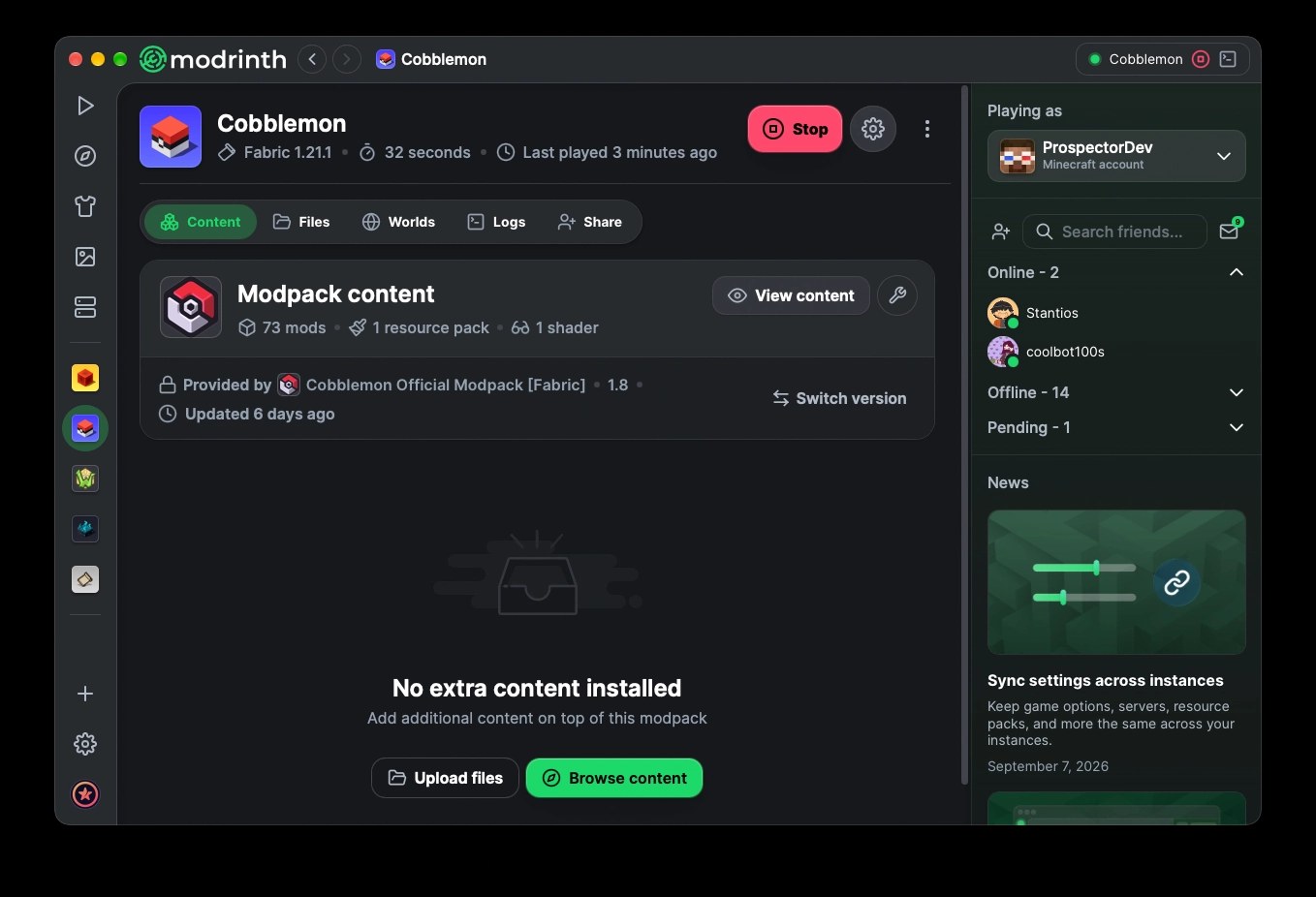 Modrinth App instance page for a Cobblemon modpack listing 73 mods