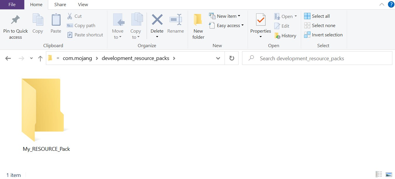 My_RESOURCE_Pack folder inside development_resource_packs in Windows File Explorer