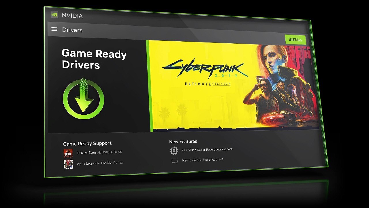 NVIDIA App Drivers page showing a Game Ready Driver with an Install button