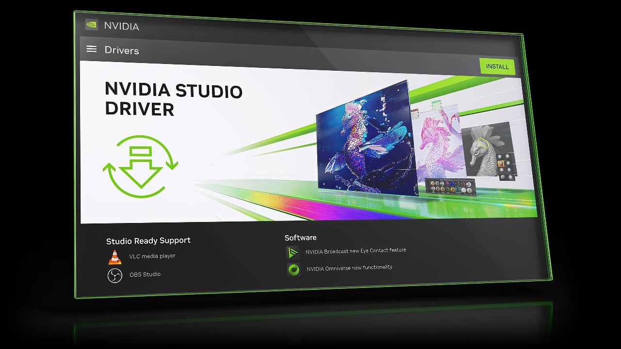 NVIDIA App Drivers page showing an NVIDIA Studio Driver ready to install