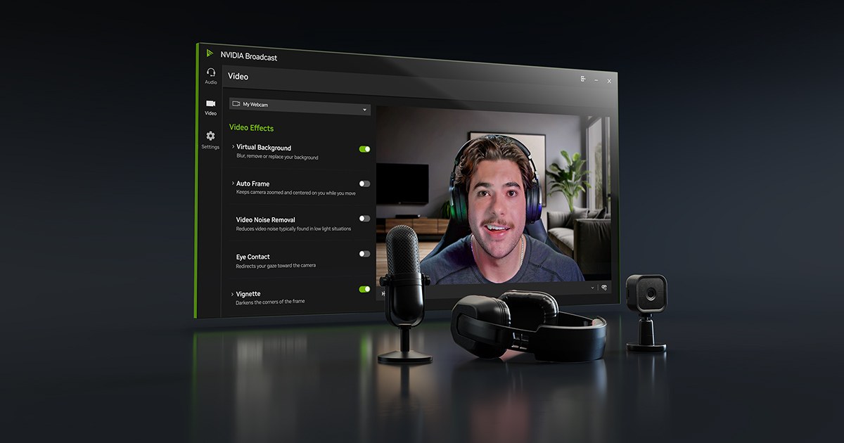 NVIDIA Broadcast Video tab listing Virtual Background, Auto Frame, Eye Contact and Vignette