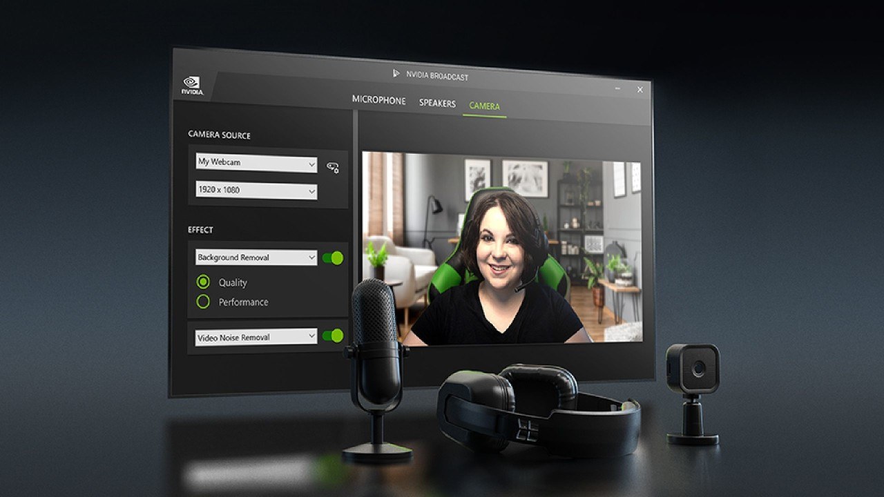 NVIDIA Broadcast camera tab with Background Removal and Video Noise Removal enabled