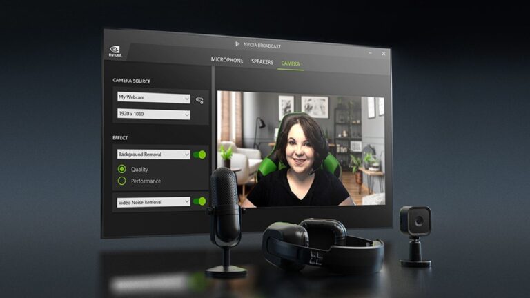 NVIDIA Broadcast camera tab with background removal and video noise removal enabled