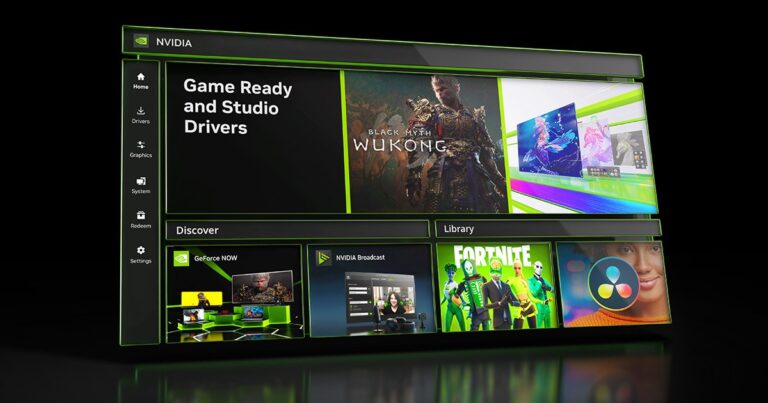 NVIDIA app Home tab showing Drivers, Discover and Library sections