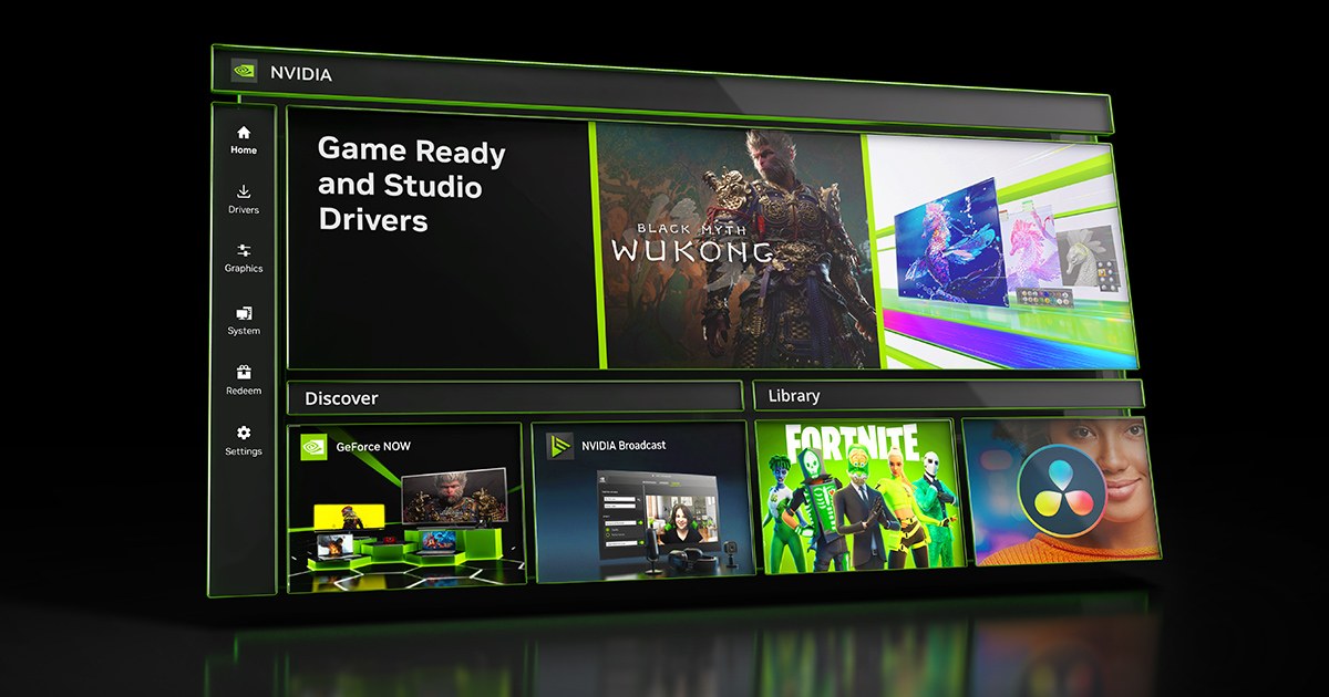 NVIDIA app Home tab showing Drivers, Discover and Library sections
