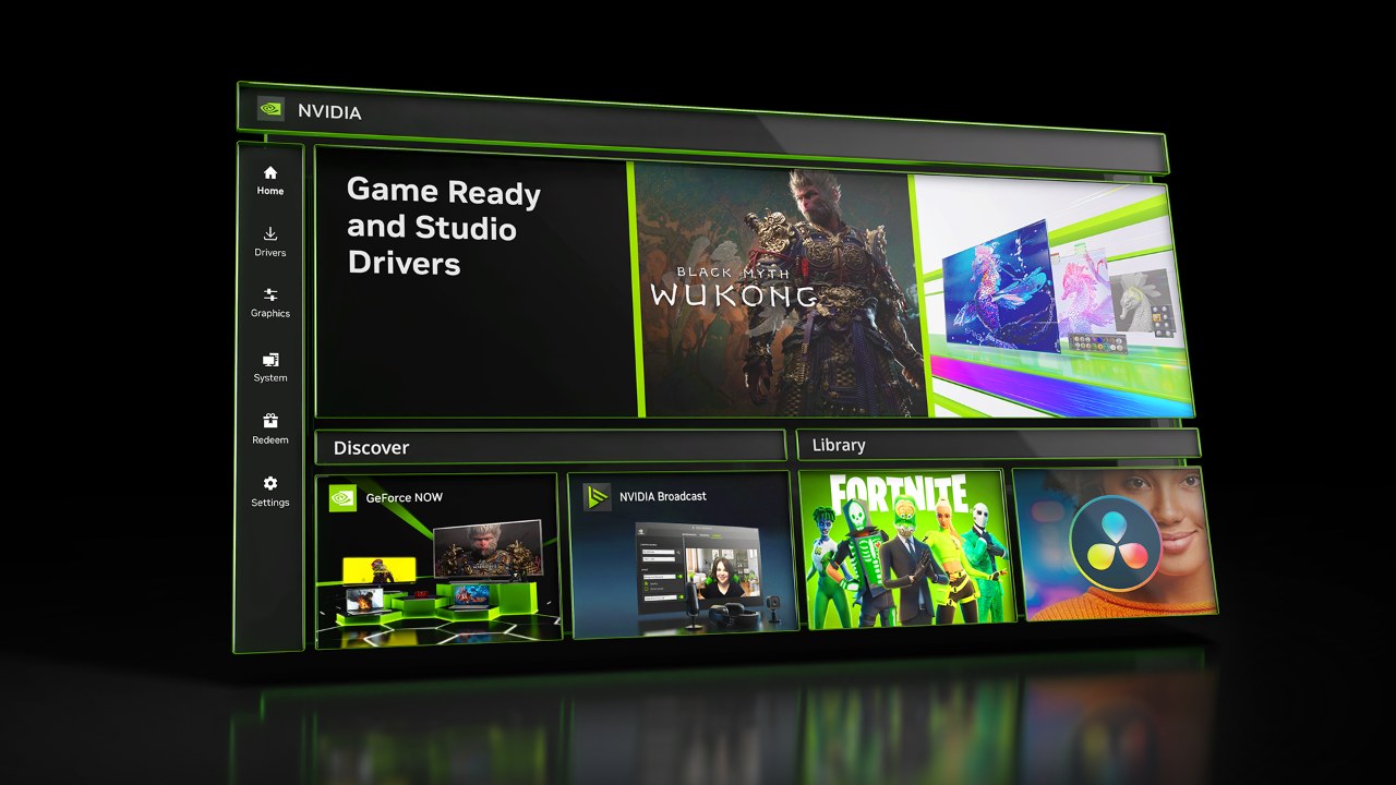 NVIDIA app home screen with Drivers, Graphics and System tabs in the sidebar