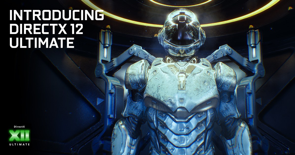 NVIDIA banner reading Introducing DirectX 12 Ultimate beside an armored character