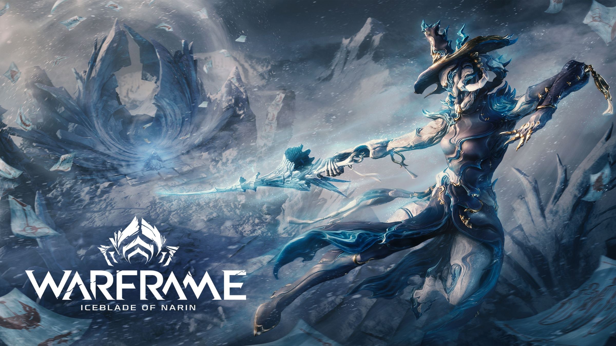 Narin swings an ice blade in a snowstorm beside the Warframe logo