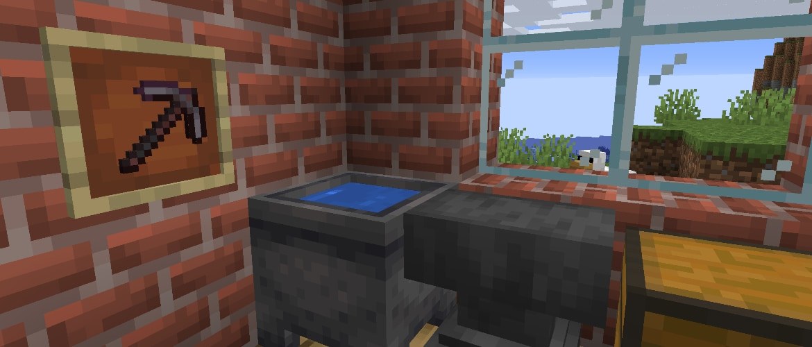 Netherite pickaxe displayed in an item frame on a brick wall