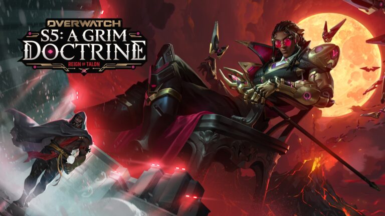 Overwatch Season 5 A Grim Doctrine key art with two heroes, red moon