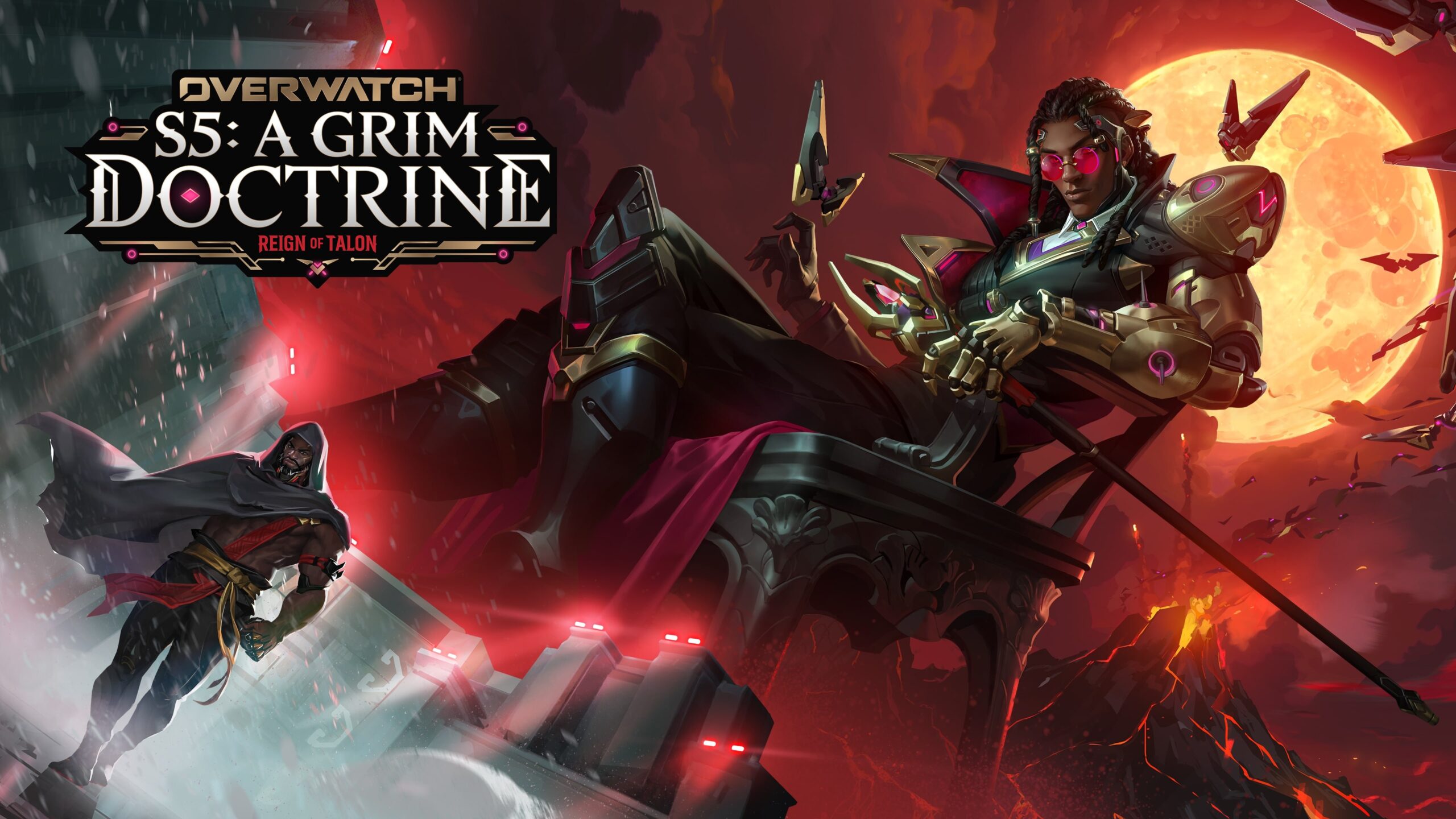 Overwatch Season 5 A Grim Doctrine key art with two heroes, red moon