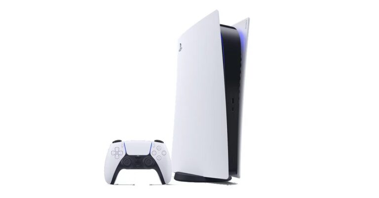 PS5 console standing upright beside a white DualSense wireless controller