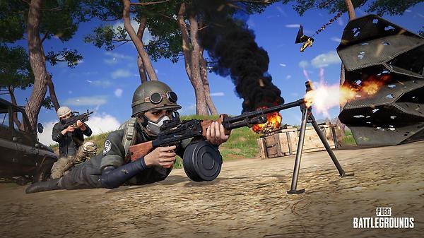 PUBG: Battlegrounds player lying prone while firing a mounted machine gun