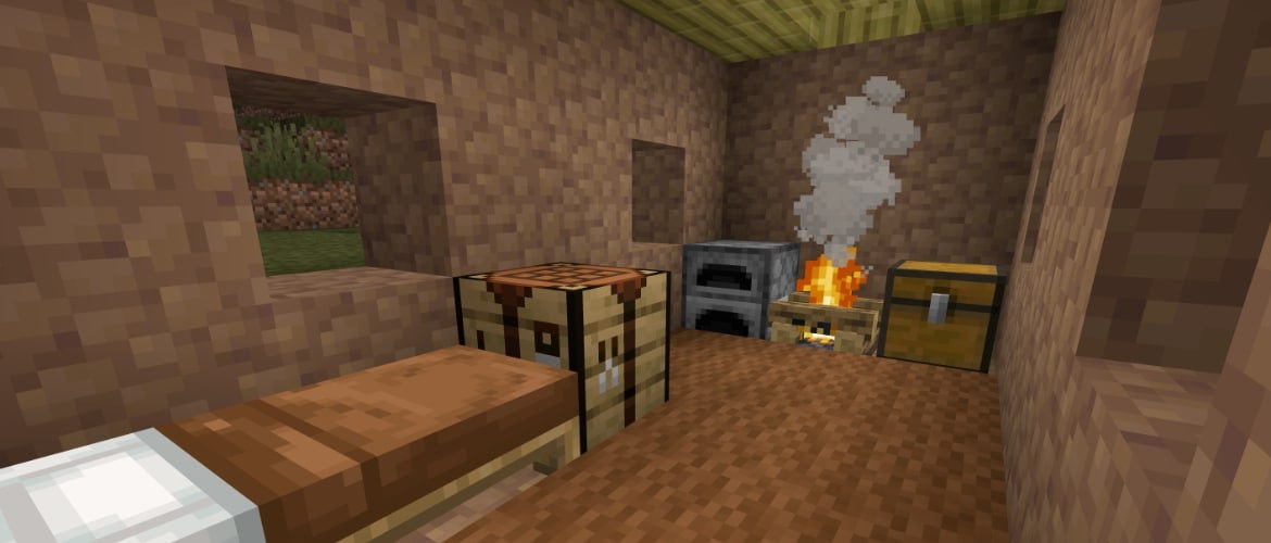 Packed mud room in Minecraft with a crafting table, furnace and chest