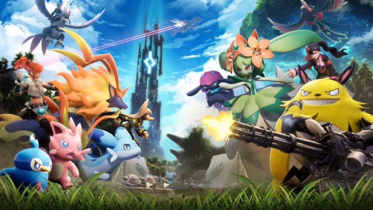 Palworld key art with Pals and tamers charging past a glowing tower