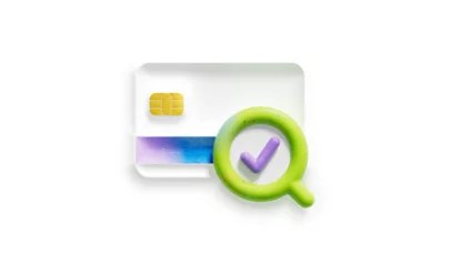 Payment card icon with a green magnifier and purple check mark
