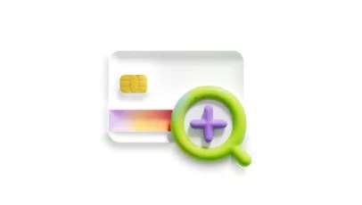 Payment card icon with a green magnifier and purple plus sign