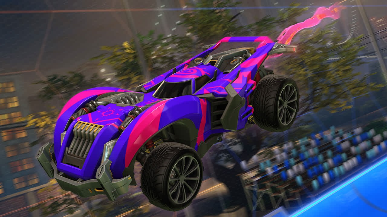 Purple and pink Rocket League car boosting through the air in an arena