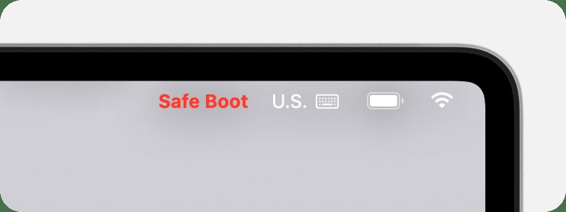 Red Safe Boot text in the upper-right corner of a Mac screen