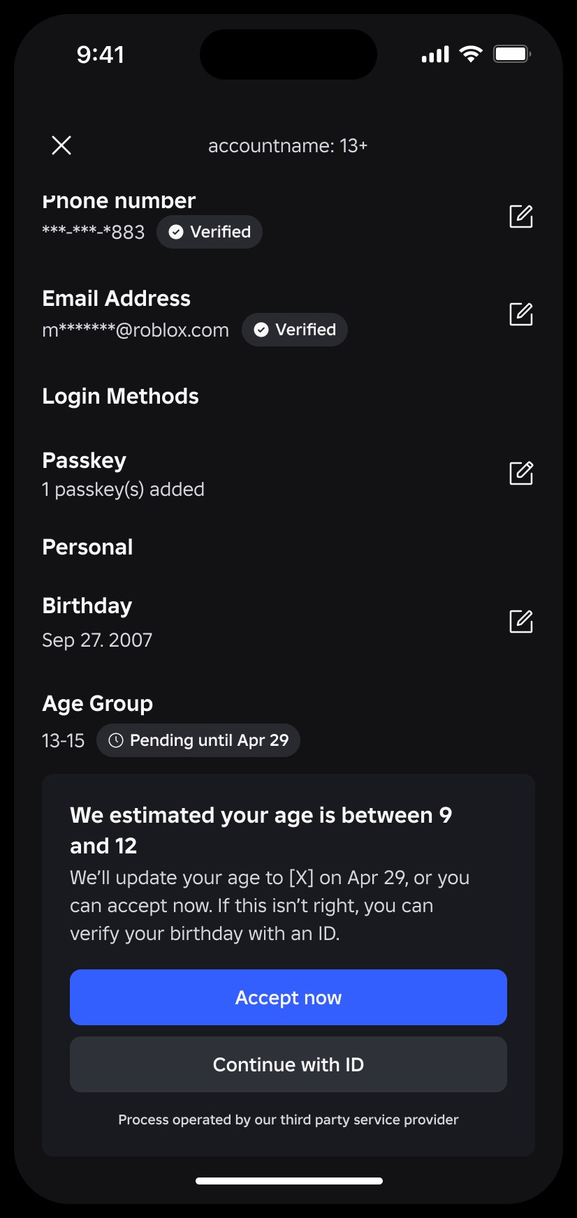Roblox Account Info screen showing verified phone, verified email and birthday