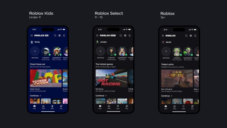Roblox Kids, Roblox Select and Roblox home screens on three phones