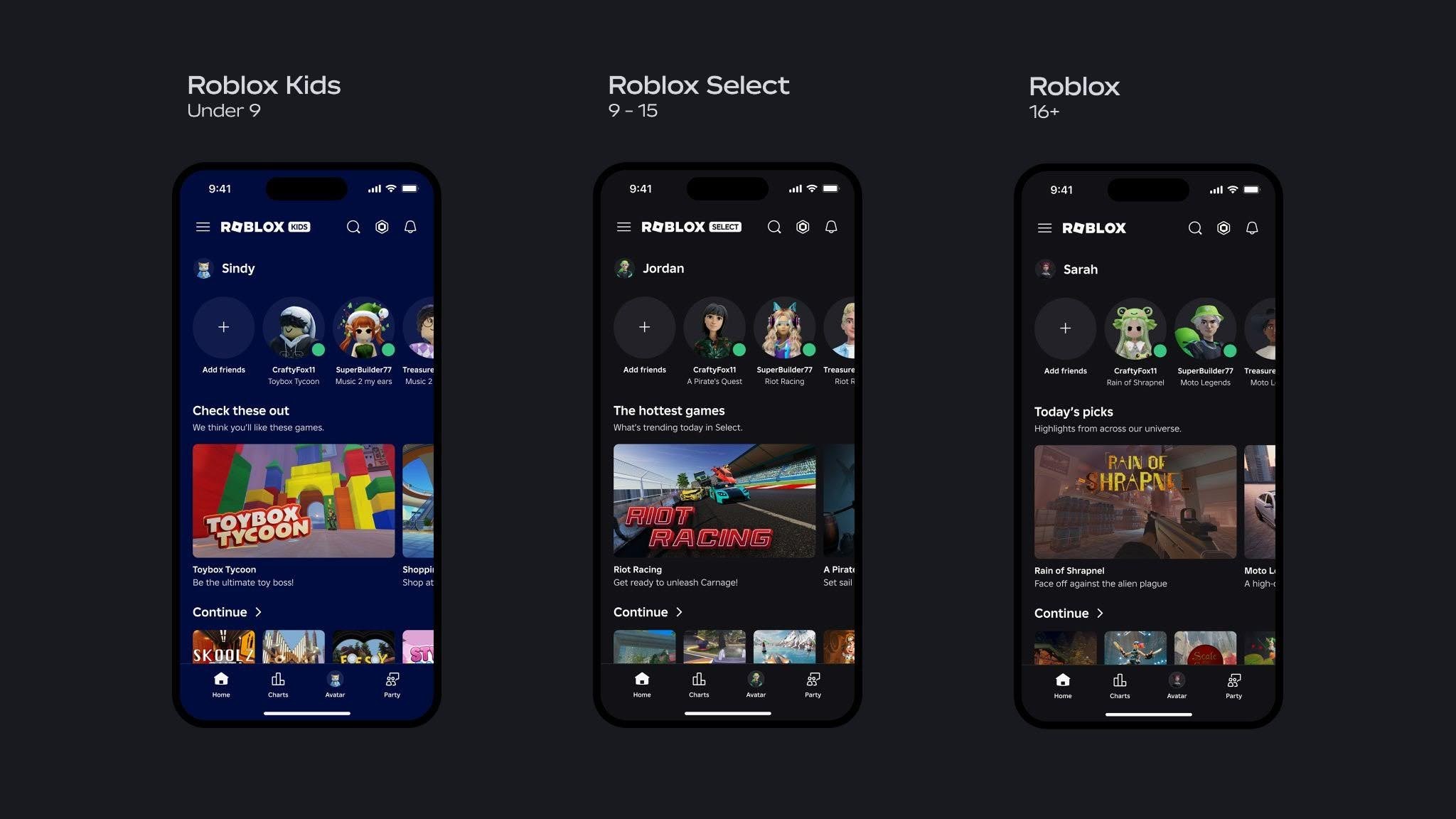 Roblox Kids, Roblox Select and Roblox home screens on three phones