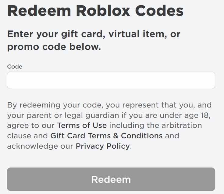 Roblox Redeem Roblox Codes page with an empty code box and Redeem button