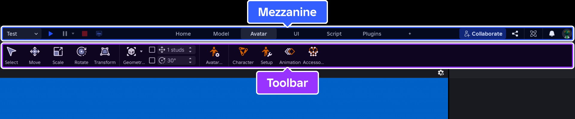 Roblox Studio mezzanine with Test dropdown, Play button and tool tabs