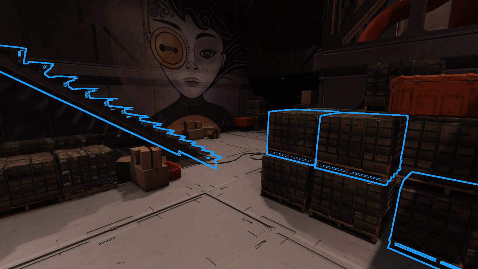 Roblox Studio viewport outlining crates and a staircase in a warehouse