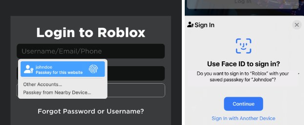 Roblox login page offering a saved passkey beside an iPhone Face ID prompt
