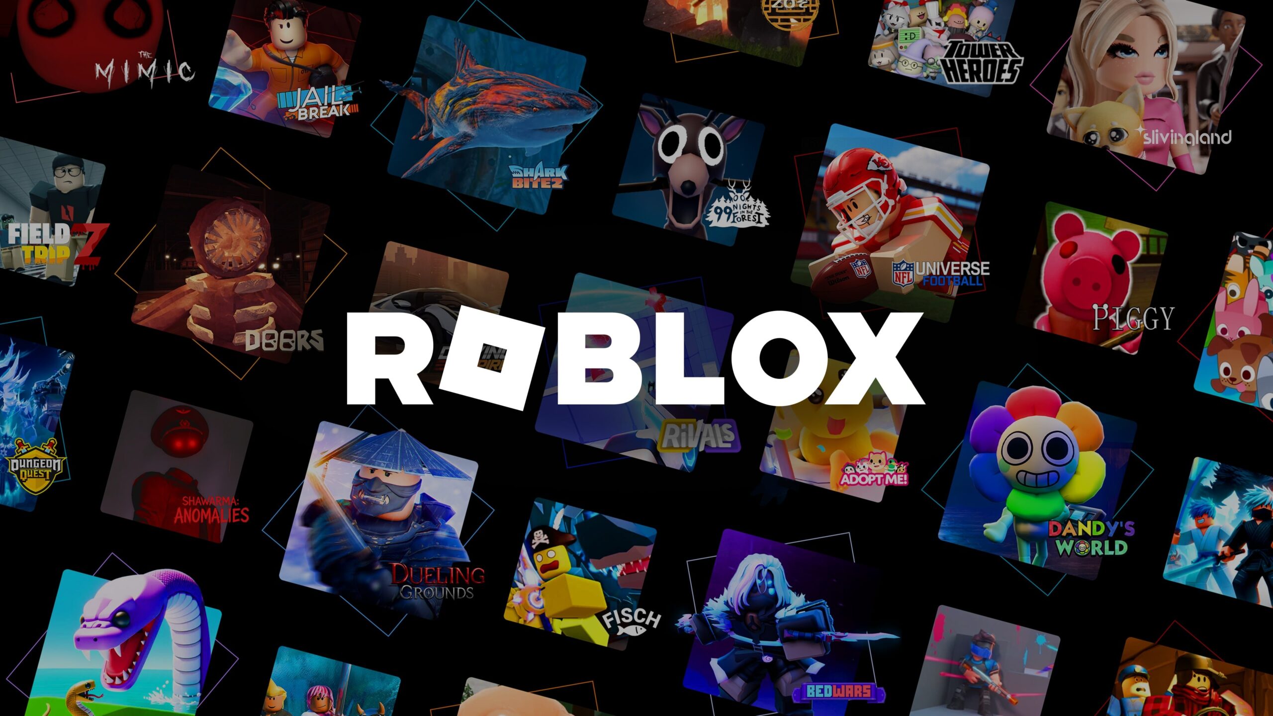 Roblox logo over a grid of game tiles including Doors, Piggy and Adopt Me