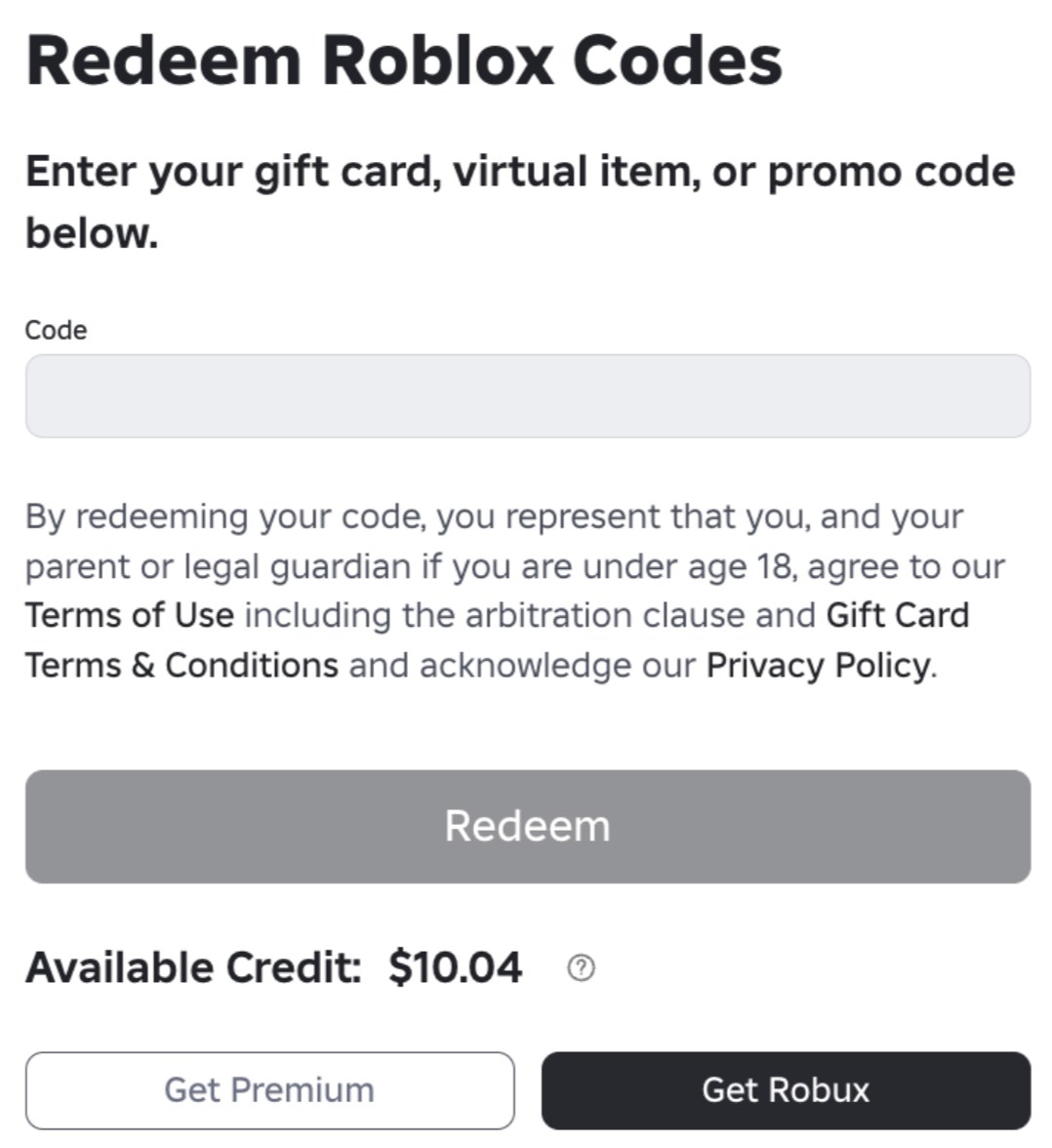 Roblox redeem page showing Available Credit with Get Premium and Get Robux buttons