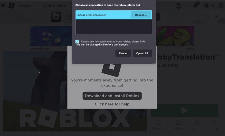 Roblox website prompting to download and install the desktop Roblox player