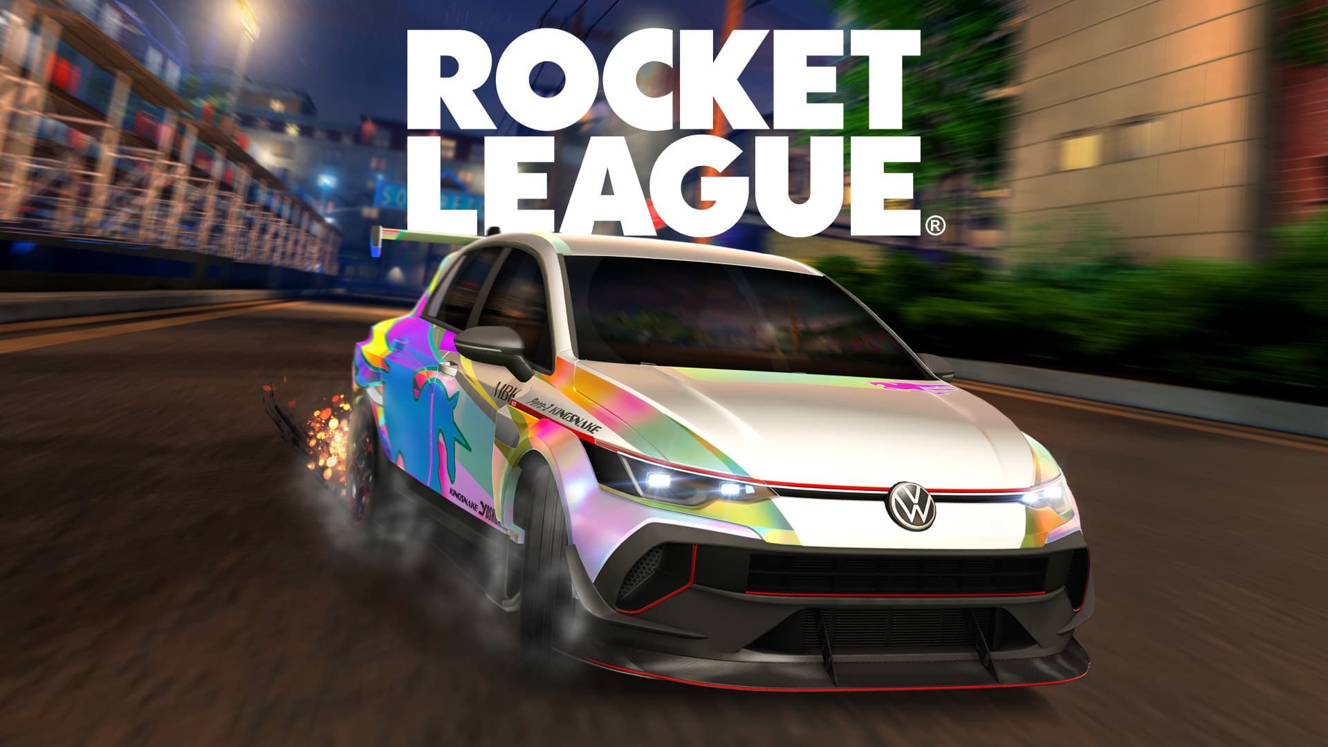 Rocket League logo above a white Volkswagen car drifting on a night street