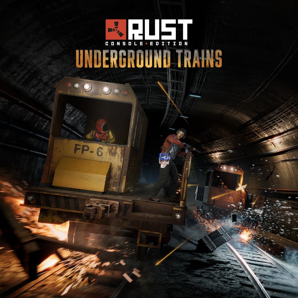 Rust Console Edition Underground Trains art with a player riding a train
