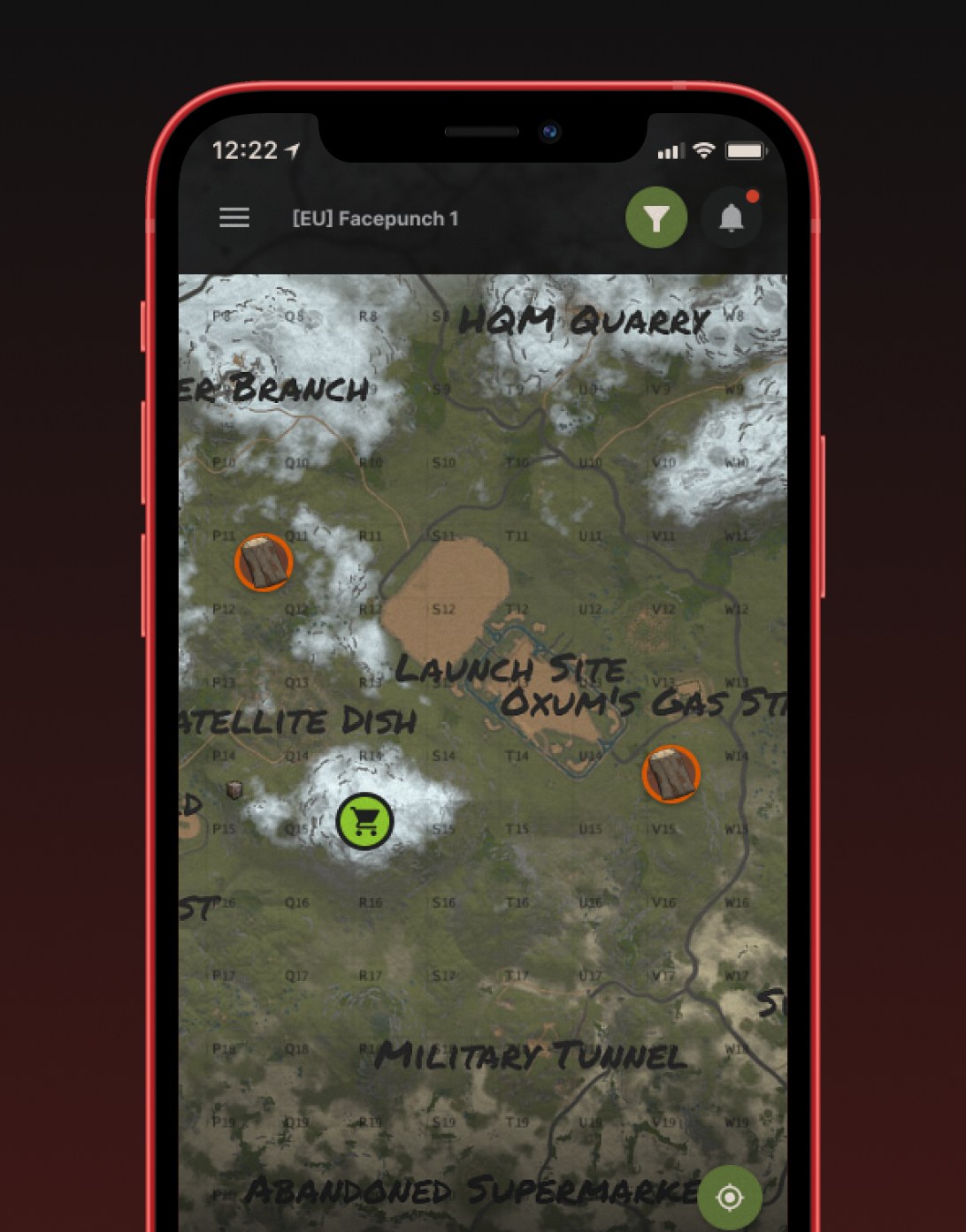Rust+ companion app showing a Rust server map on an iPhone