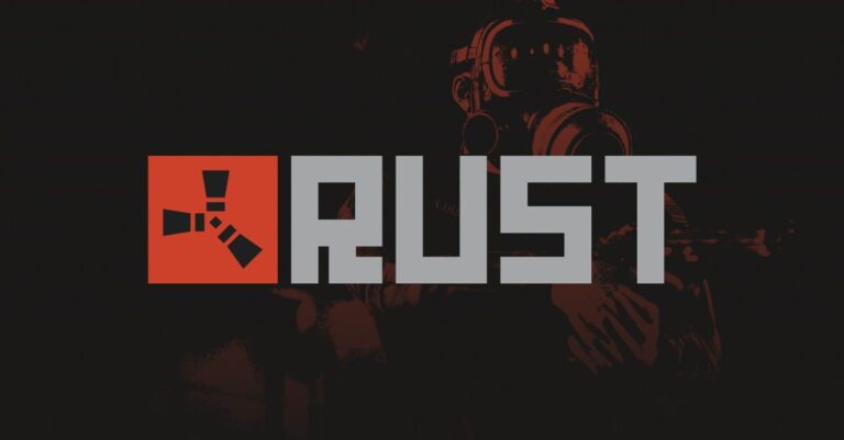 Rust logo in orange and gray over a gas-masked survivor
