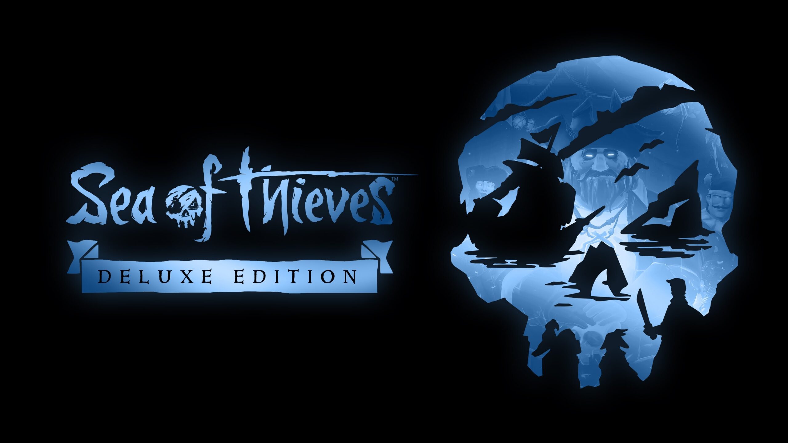 Sea of Thieves Deluxe Edition logo beside a glowing blue skull emblem