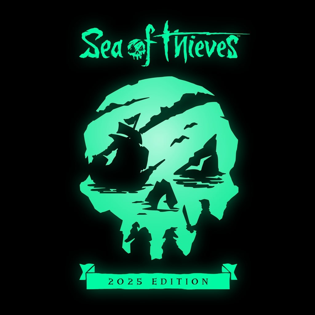 Sea of Thieves green skull key art with ship and pirate silhouettes