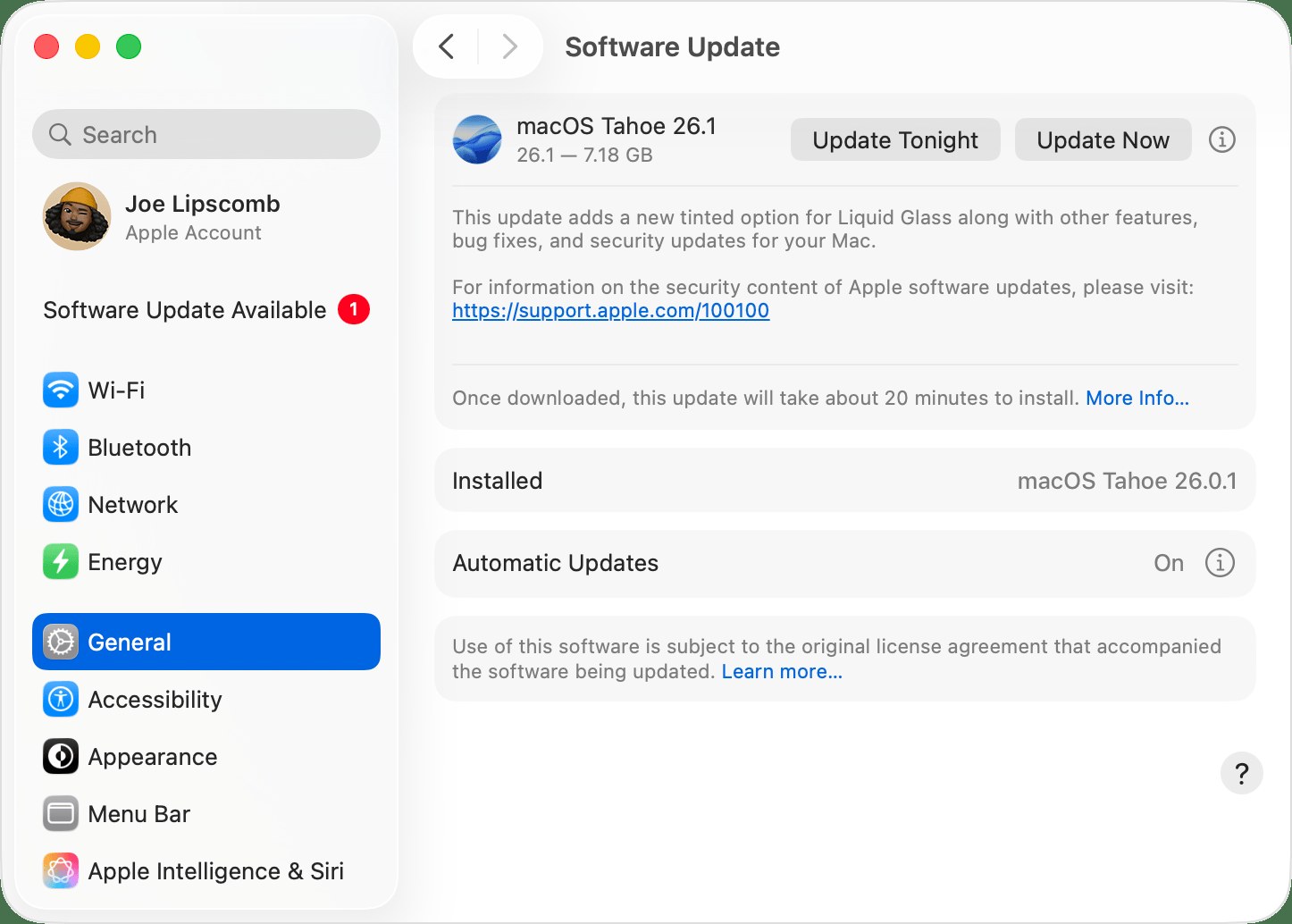 Software Update pane in macOS System Settings offering an available macOS update
